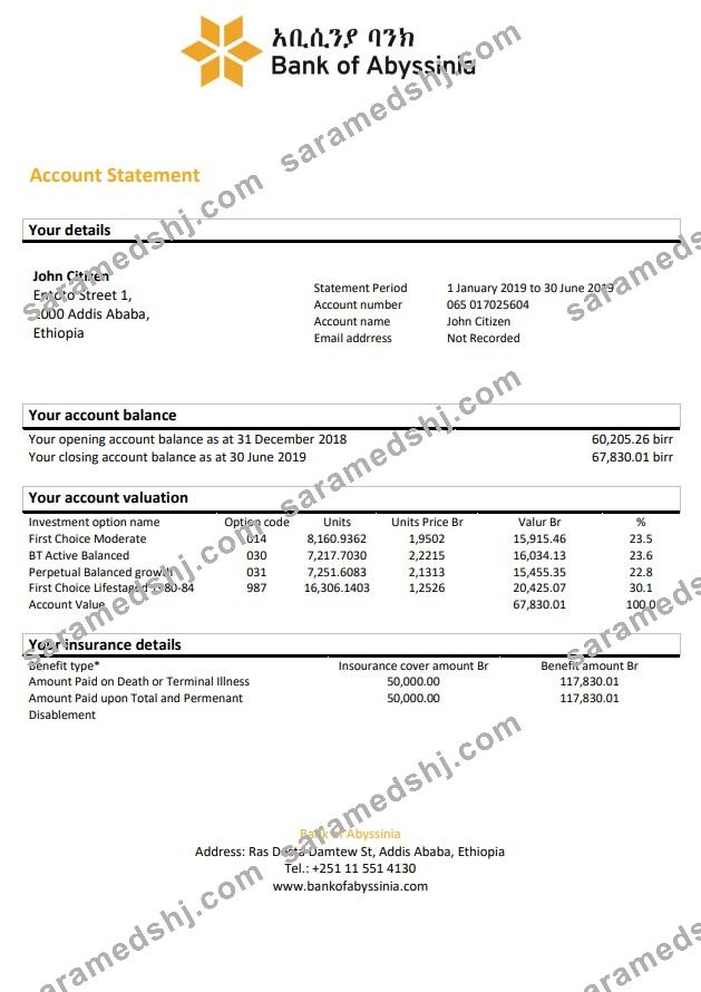 Ethiopia Bank of Abyssinia bank statement